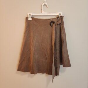 She + Sky Brown Suede Grommet Tie A-line Wrap Mini Skirt